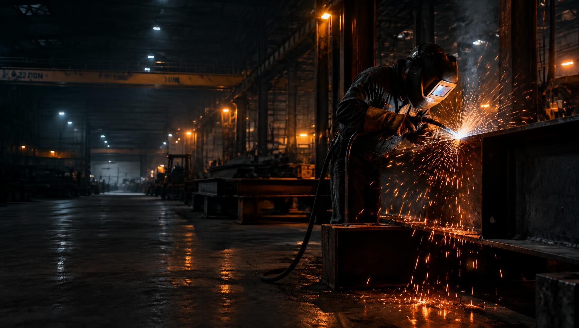 Welder working on a structural steel beam in a fabrication workshop