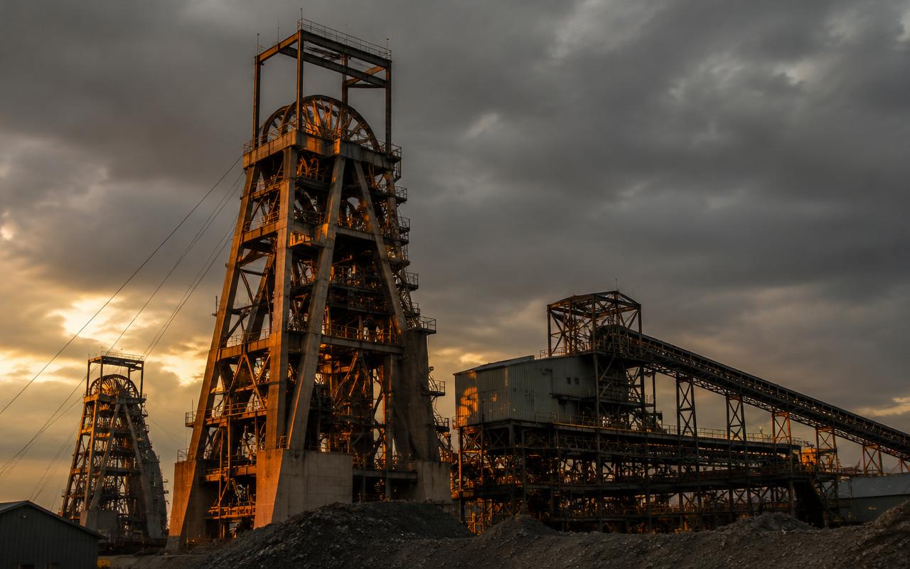 Mine headgear and structural steel infrastructure at dusk