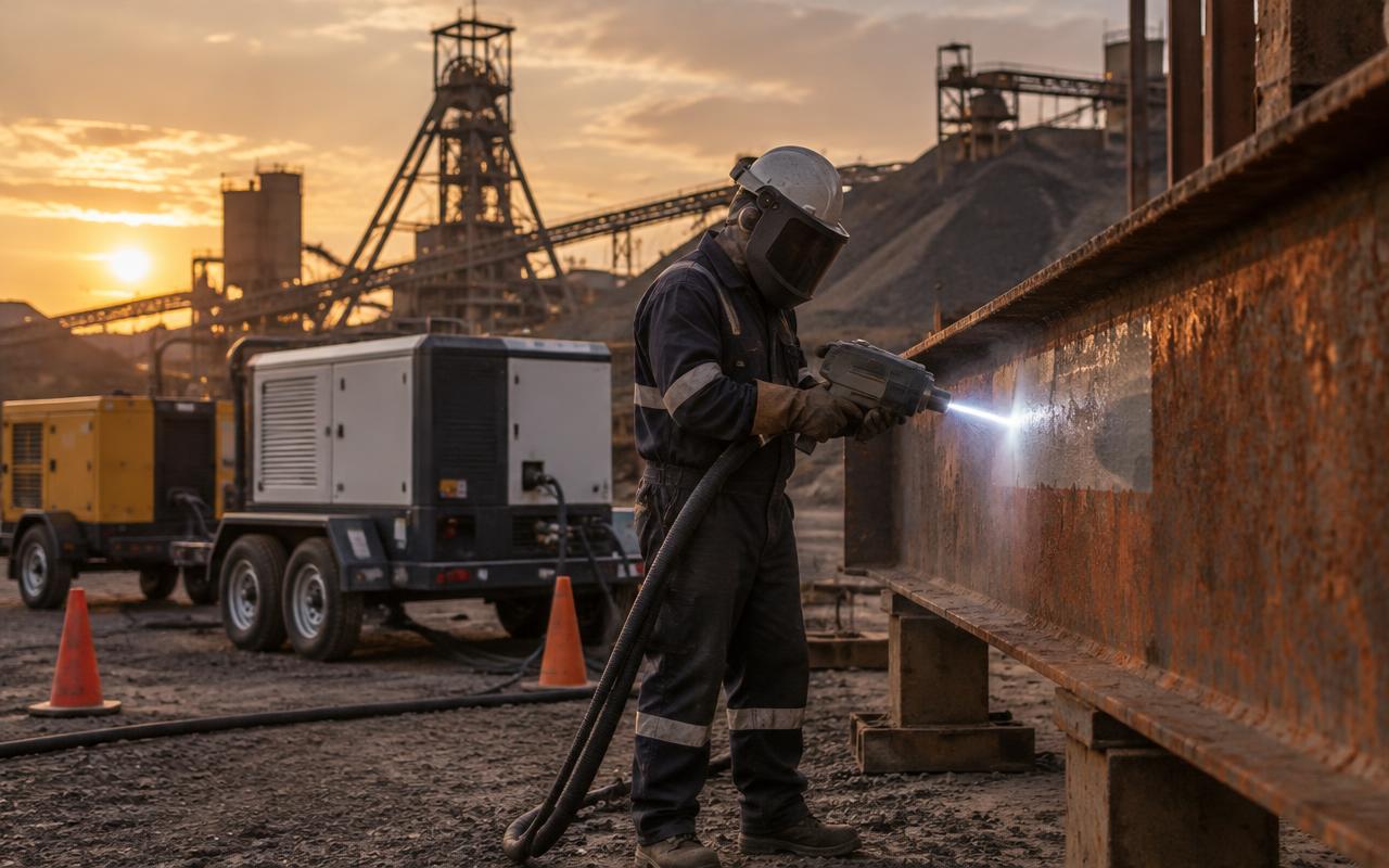 Technician using a mobile laser cleaning unit to strip rust and old coating from a steel beam on site